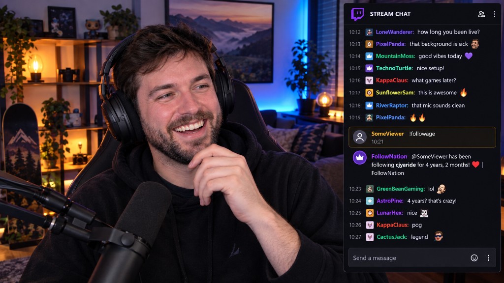 A streamer beside Twitch chat, where SomeViewer types !followage and FollowNation answers with a saved follow date.